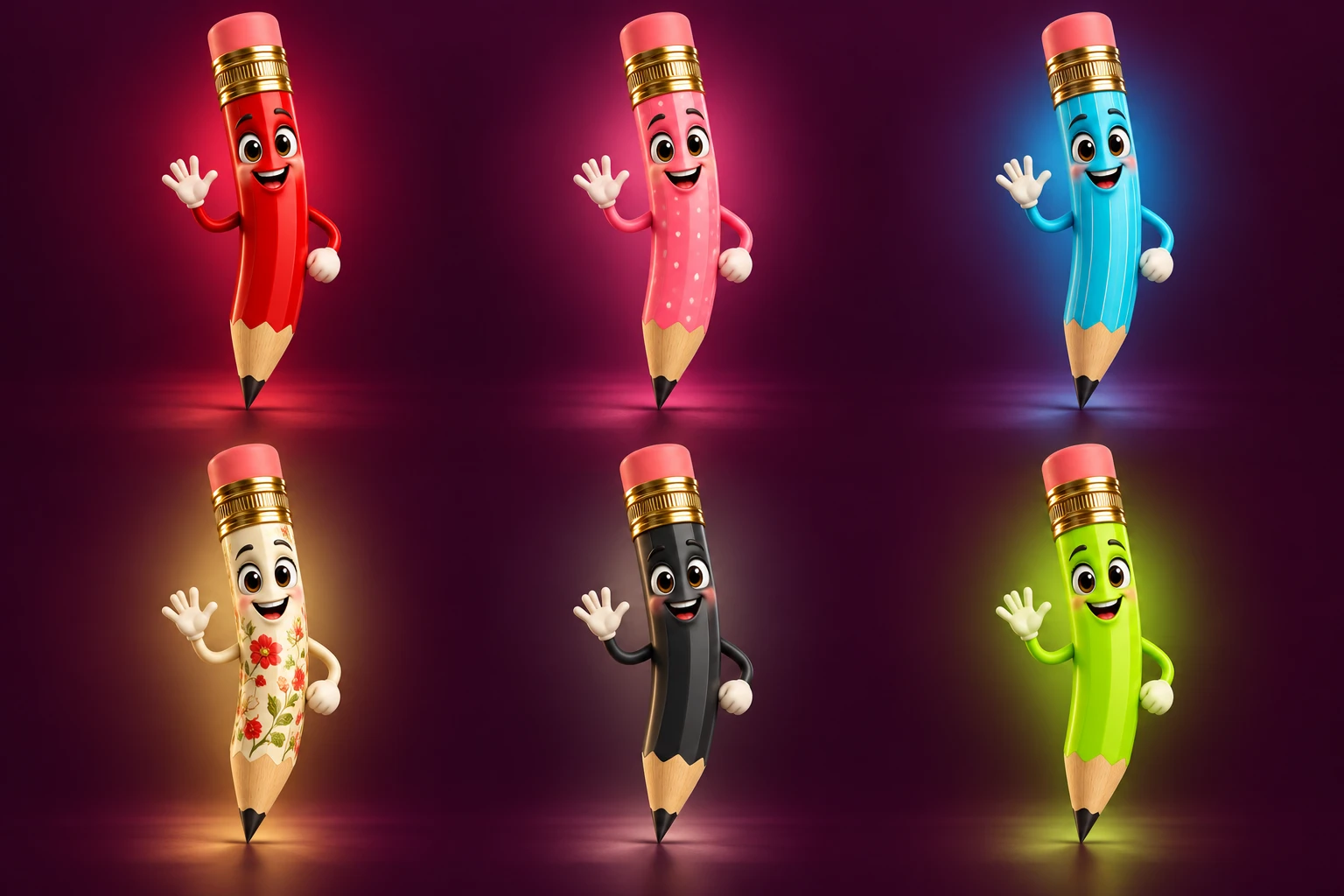 Six AI-rendered body finish concepts for Itties pencils