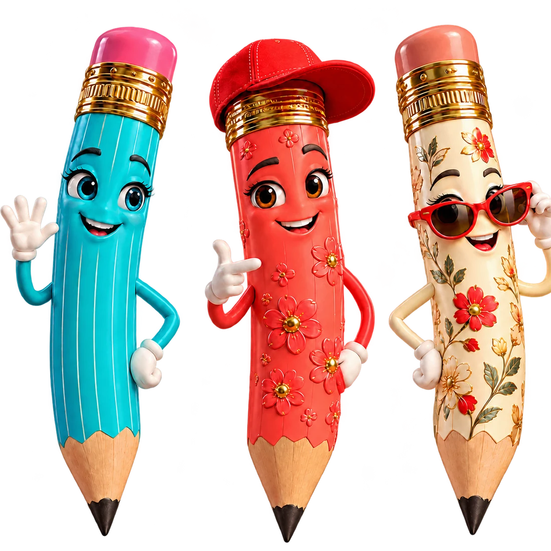 Three expressive Itties pencils: a blue striped pencil, a red floral pencil in a cap, and a cream floral pencil in red sunglasses